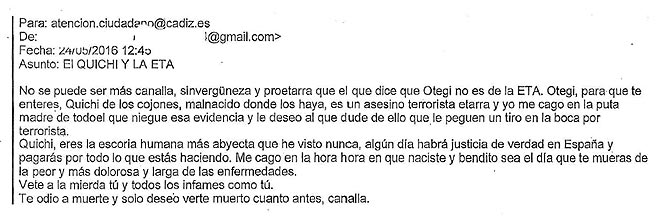 Detalle del correo llegado al servicio de Atención al Ciudadano del Ayuntamiento