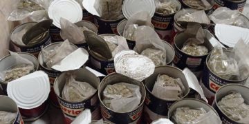 Latas de tomate con cogollos en su interior / FOTO: Policía