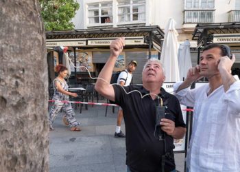El alcalde 'escuchando' a la palmera antes de su retirada / FOTO: Ayto.