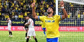 Chris Ramos dedicando el gol a su abuelo / FOTO: Eulogio García
