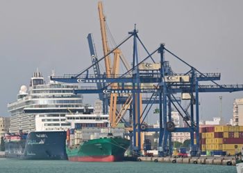 Un crucero y un buque de contenedores en la misma estampa del puerto gaditano / FOTO: Eulogio García