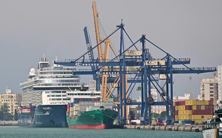 Un crucero y un buque de contenedores en la misma estampa del puerto gaditano / FOTO: Eulogio García