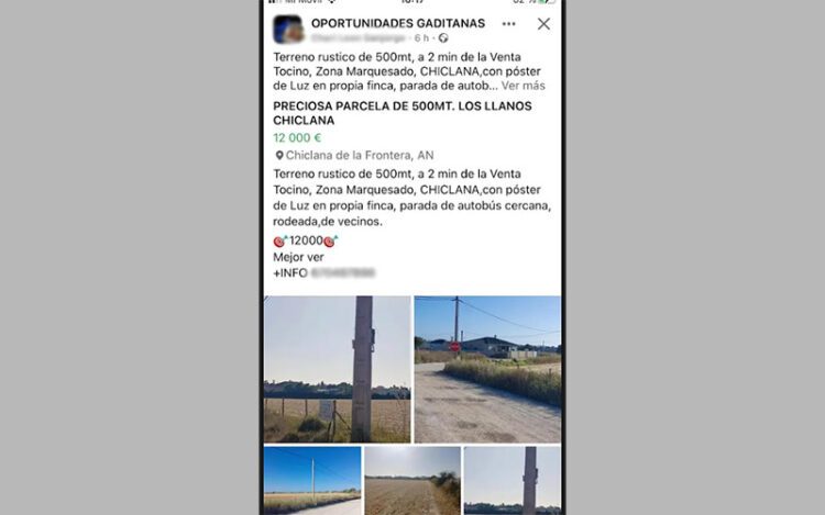 Anuncio en redes sociales de la parcela en suelo rústico