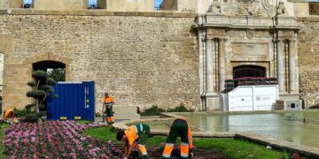 Jardineros adecentando las zona de las Puertas de Tierra / FOTO: Eulogio García