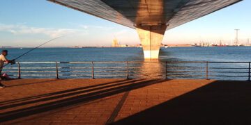 Pescando bajo el segundo puente, con Dragados y Navantia en la otra orilla / FOTO: DBC