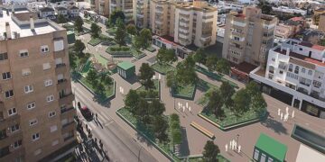 Recreación virtual del espacio con algunas zonas verdes más