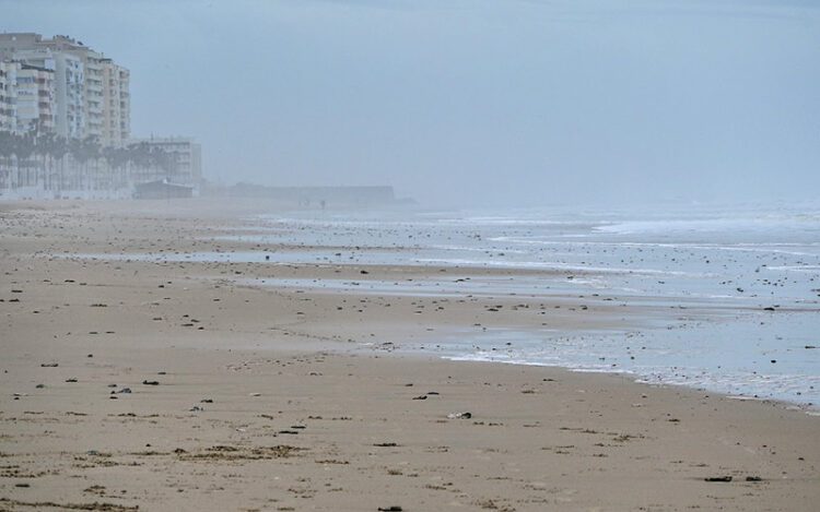 La playa Victoria en la capital azotada por un temporal en marzo / FOTO: Eulogio García