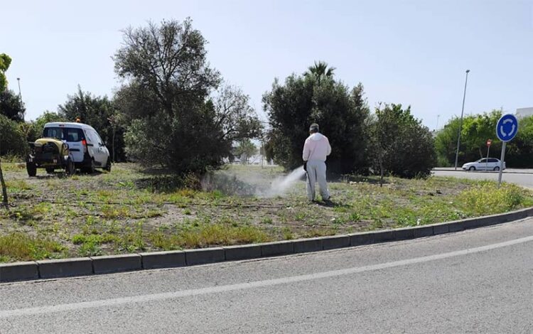Operario aplicando herbicida en una rotonda de Jerez / FOTO: Ecologistas en Acción