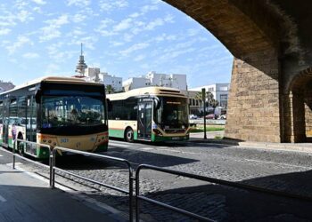 Dos urbanos coincidiendo en las Puertas de Tierra / FOTO: Eulogio García