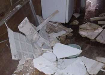 Caída de un falso techo en la vivienda, en una de las fotos distribuidas por la Apdha