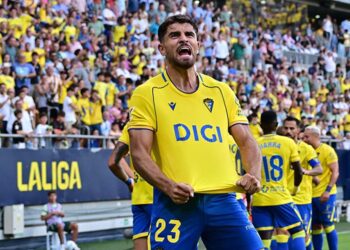 García Pascual celebrando con ganas su primer tanto liguero / FOTO: Eulogio García