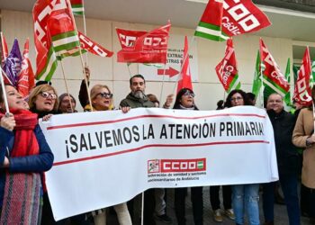 Una pasada concentración por la sanidad pública en Cádiz, tras la pancarta de CCOO / FOTO: Eulogio García