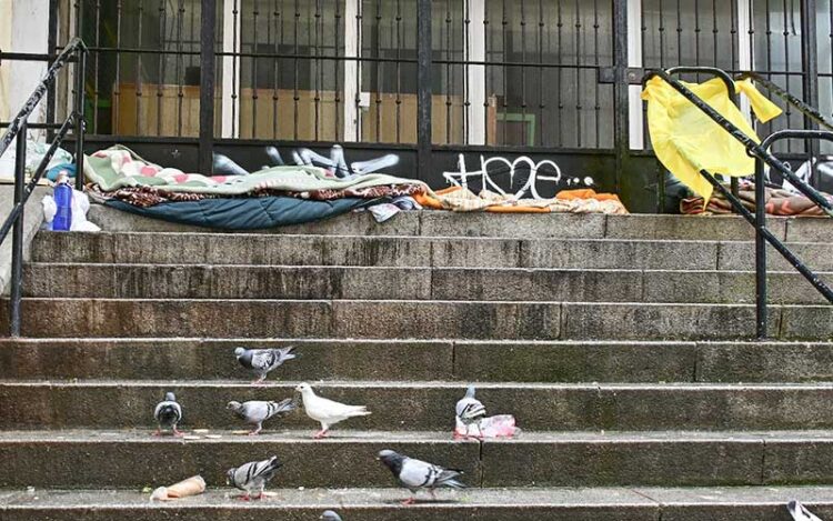 Enseres de sintechos cobijados en la escalinata de la antigua facultad de Ingeniería / FOTO: Eulogio García