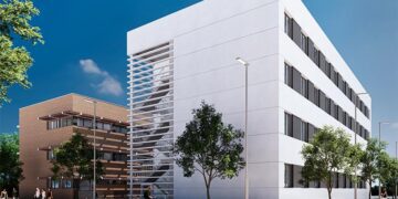 Recreación virtual del hotel junto al edificio de Ibérica Aga