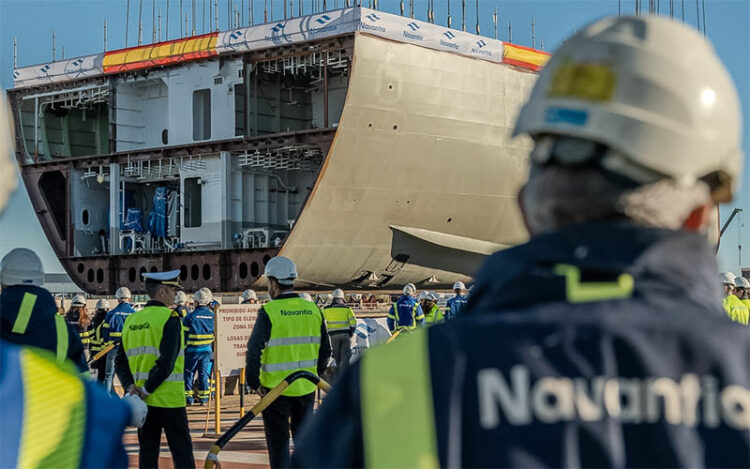 Un momento de la puesta de quilla del futuro BAM-IS que se construye en Puerto Real / FOTO: Navantia