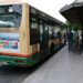 Uno de los buses más antiguos cargando en la plaza de España / FOTO: Eulogio García