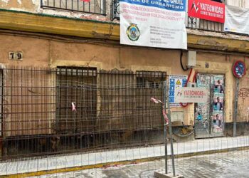 La obra sin actividad pero con el vallado copando media calle / FOTO: AIG