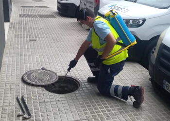 Operario aplicando el veneno en una de las alcantarillas / FOTO: Ayto.