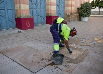 Retirando con urgencia la placa colocada en mayo frente al Falla / FOTO: Eulogio García