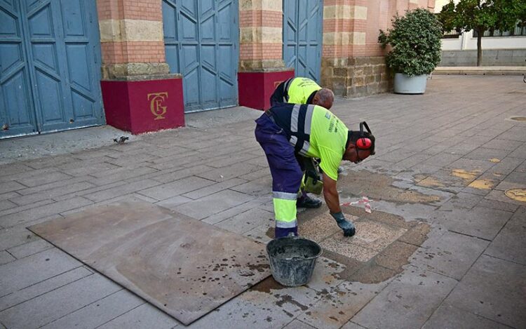 Retirando con urgencia la placa colocada en mayo frente al Falla / FOTO: Eulogio García